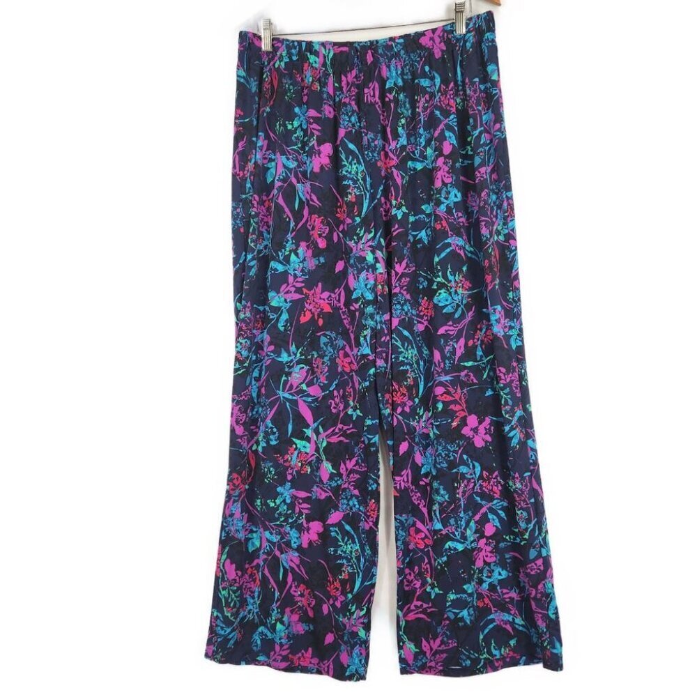 Plus Size Wide Leg Dress Pants Womens 1X 22/24 Blue Purple Floral Flowy Cottage
